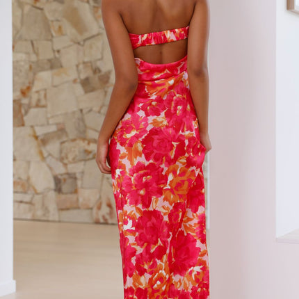 Strapless Maxi Dress | Pink/Red Floral | Folded Bust Detail | Scooped Cowl Back | Silky Polyester | Special Occasion | Elegant Open Back | Standard Sizing
