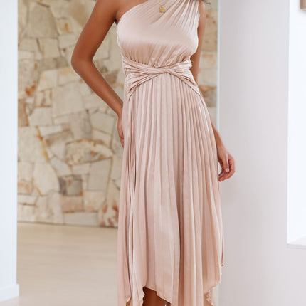 Cali Midi Dress | One Shoulder | Twisted Waist | Pleated Asymmetrical Skirt | Champagne | Elastic Waist | Unlined Polyester | Special Occasion Attire | Party Wedding Baby Shower | Bump Friendly