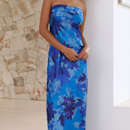 Strapless Maxi Dress | Miya | Blue Floral | Folded Bust Detail | Open Back with Elastic Strap | Scooped Cowl Finish | Silky Feel | Formal Events | Polyester | Invisible Side Zip | Elegant Design