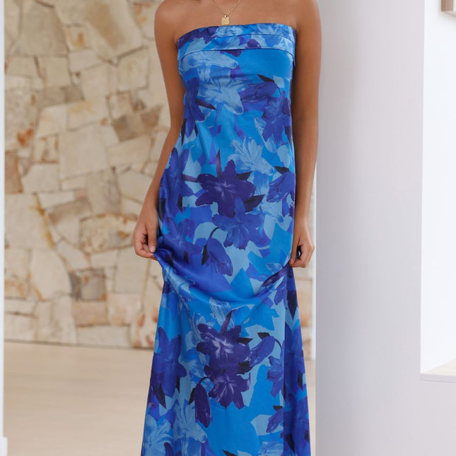 Strapless Maxi Dress | Miya | Blue Floral | Folded Bust Detail | Open Back with Elastic Strap | Scooped Cowl Finish | Silky Feel | Formal Events | Polyester | Invisible Side Zip | Elegant Design