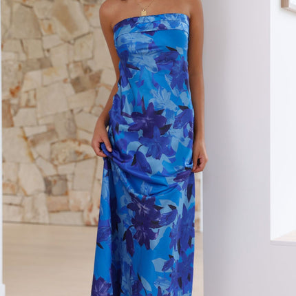 Strapless Maxi Dress | Miya | Blue Floral | Folded Bust Detail | Open Back with Elastic Strap | Scooped Cowl Finish | Silky Feel | Formal Events | Polyester | Invisible Side Zip | Elegant Design