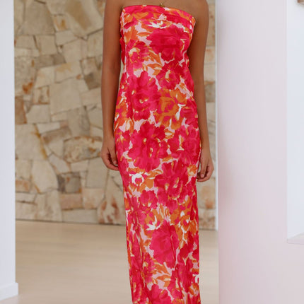 Strapless Maxi Dress | Pink/Red Floral | Folded Bust Detail | Scooped Cowl Back | Silky Polyester | Special Occasion | Elegant Open Back | Standard Sizing