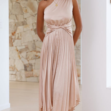 Cali Midi Dress | One Shoulder | Twisted Waist | Pleated Asymmetrical Skirt | Champagne | Elastic Waist | Unlined Polyester | Special Occasion Attire | Party Wedding Baby Shower | Bump Friendly