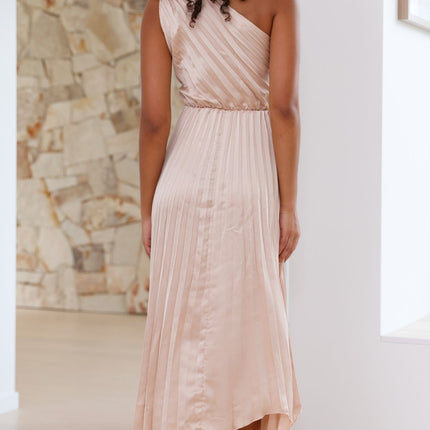 Cali Midi Dress | One Shoulder | Twisted Waist | Pleated Asymmetrical Skirt | Champagne | Elastic Waist | Unlined Polyester | Special Occasion Attire | Party Wedding Baby Shower | Bump Friendly