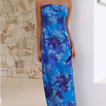 Strapless Maxi Dress | Miya | Blue Floral | Folded Bust Detail | Open Back with Elastic Strap | Scooped Cowl Finish | Silky Feel | Formal Events | Polyester | Invisible Side Zip | Elegant Design