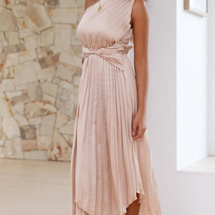 Cali Midi Dress | One Shoulder | Twisted Waist | Pleated Asymmetrical Skirt | Champagne | Elastic Waist | Unlined Polyester | Special Occasion Attire | Party Wedding Baby Shower | Bump Friendly