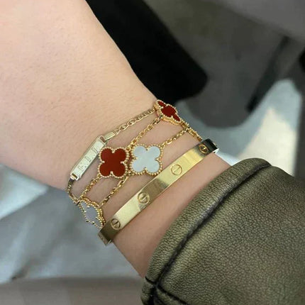 Marrakech Inspired | Red Clover Charm Bracelet | Gold Chain | Exotic Luxury Jewelry