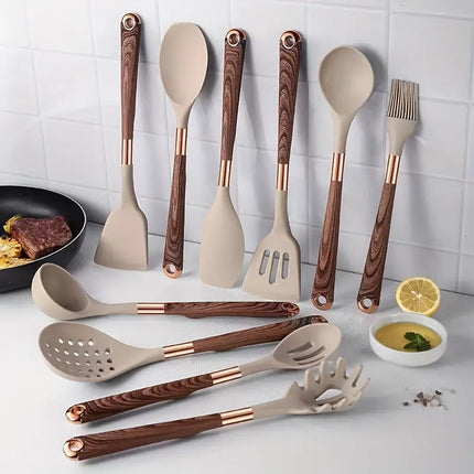 Vitrux Silicone Kitchen Tools | 10-Piece Set | Heat Resistant & Non-Slip | Wooden Handles | Food-Grade | Versatile Cooking | Elegant Design | High Temperature Tolerance