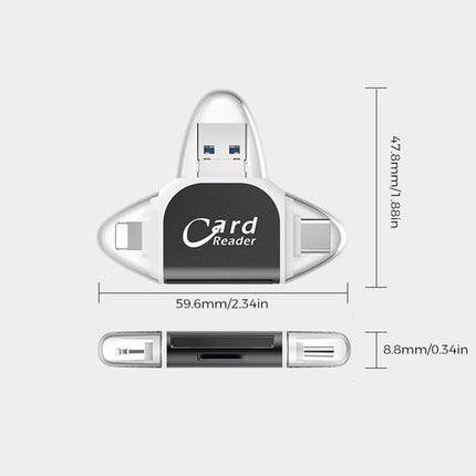 4-in-1 Universal Memory Card Reader | USB/USB C/Micro USB/Lightning Ports | SD TF Card Compatibility | Supports Up to 400GB | Compact Design with Keychain