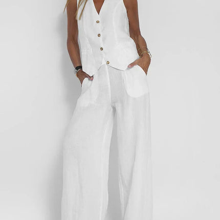 Solid Two-Piece Women's Set | Sleeveless V-Neck Gilet & Pants | Versatile Summer Outfit | Neutral Colors | S-2XL | Timeless Design