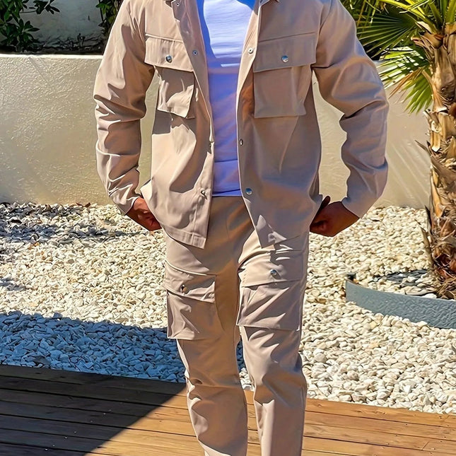 Heren Casual Twee-delige Set, Basic Stijl, Beige Werkjas En Joggingbroek Combo Met Meerdere Zakken, Comfortabele Pasvorm, Voor Lente Herfst Winter - Visconte
