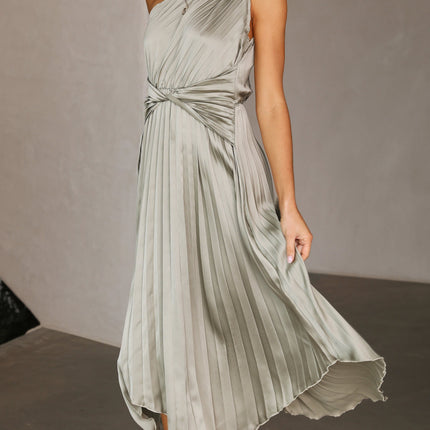 Cali | One Shoulder Midi | Dress | Olive | Twist Waist | Pleated Asymmetrical Hem | Flattering | Elastic Waist | Polyester | Unlined | Versatile for Parties or Maternity | Elegant and Comfortable