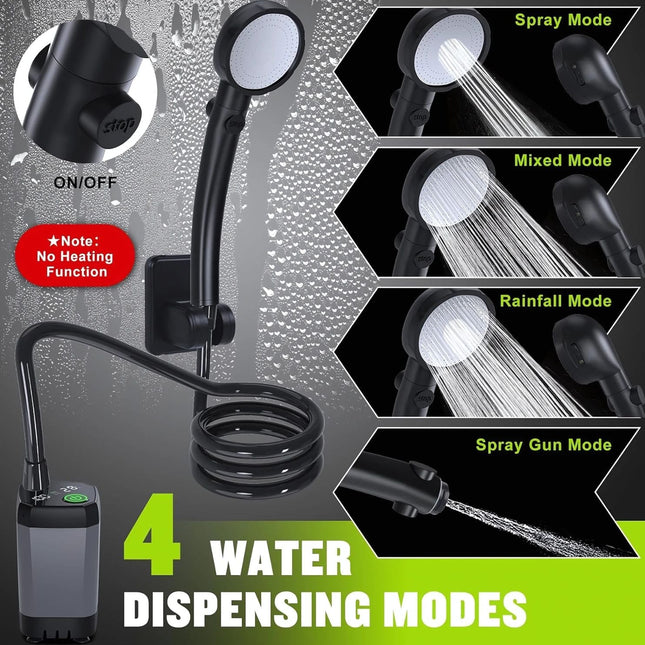 Portable Electric Shower | Outdoor Adventures | 6000mAh Battery | Type C Charging | LED Display | Low Noise | Adjustable Shower Modes | Water Purification | Lightweight & Compact | Includes Suction Cups & Storage Bag