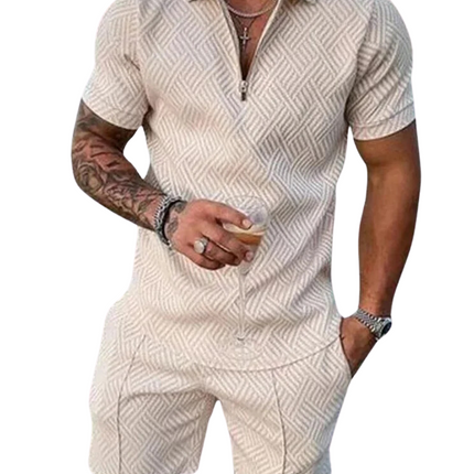 Men's Summer Set | Polo Shirt with Zip-Up | Matching Shorts | Classic Fit | Neutral Colors | Cotton-Polyester Blend | Sizes S-4XL | Comfortable and Stylish