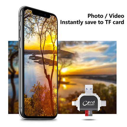 4-in-1 Universal Memory Card Reader | USB/USB C/Micro USB/Lightning Ports | SD TF Card Compatibility | Supports Up to 400GB | Compact Design with Keychain
