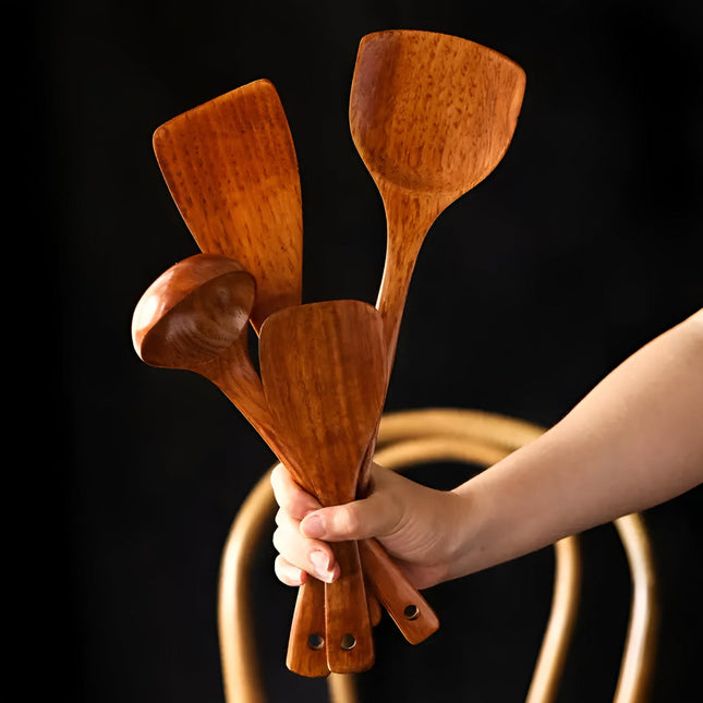 Premium 4-Piece Wooden Kitchen Utensil Set | Durable Hardwood Tools | Scratch-Free for Non-Stick Cookware | Includes Ladle, Spatulas & Spoon | Easy to Clean | Space-Saving Storage with Hanging Holes