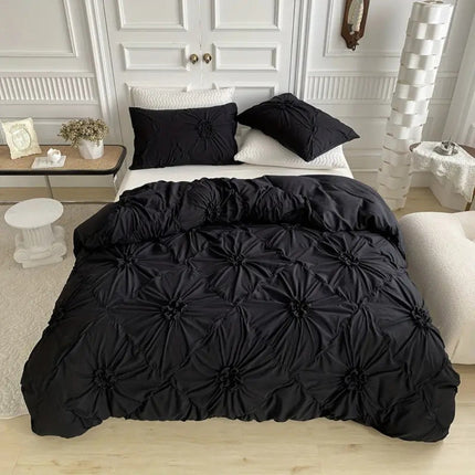 Elegant Ruffle Flower Quilt Cover Set | Cotton Polyester Blend | Pinch Pleated Design | Includes Quilt Cover and Pillowcases | Zipper Closure with Corner Ties | Machine Washable | Available in White, Black, Beige