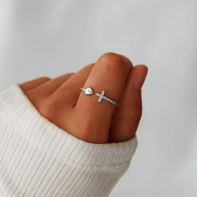 Unique Design S925 Sterling Silver Cross Heart Ring | Adjustable | Nickel and Lead-Free | White Gold Plated | Versatile Jewelry Gift for Loved Ones