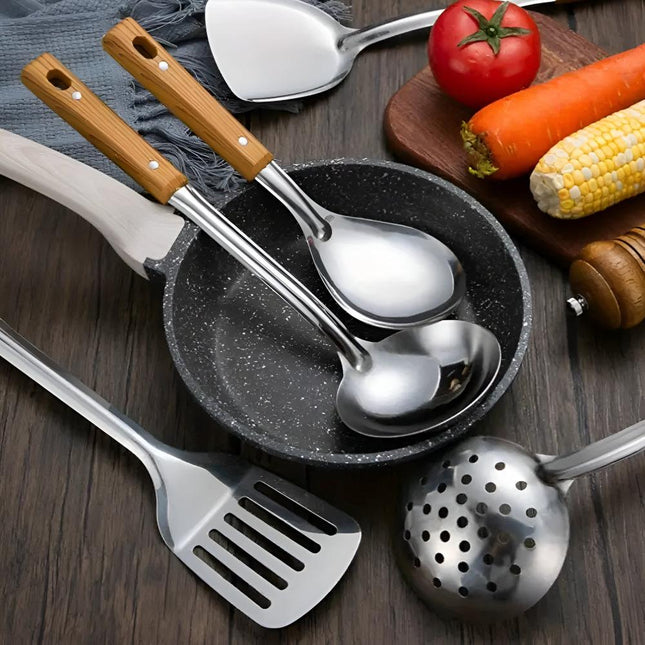 Wood-Grip Stainless Steel Cooking Utensil Set | 5 Sets | Premium Bakelite Handles | Heat-Resistant | Easy-to-Clean | Elegant Design | Includes Hanging Holes | Durable & Stylish | Home & Kitchen Essentials