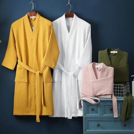 V-neck Cotton Waffle Bathrobe | Ultra-Soft | Breathable | Adjustable Waistband | Practical Pockets | Double-Layered | Relaxed Fit | Suitable for Spring, Summer, Autumn | Machine Washable | Lightweight Loungewear