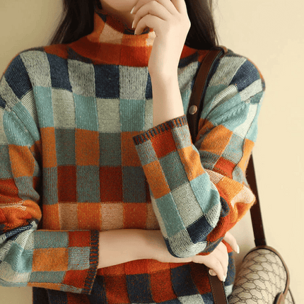 Women's Luxurious Mongolian Cashmere Turtleneck Sweater | Patchwork Design | Ultra-Soft | High Neck | Classic Fit | Vibrant Mélange Details | Cozy Warmth | Hand Wash | Perfect Winter Layer