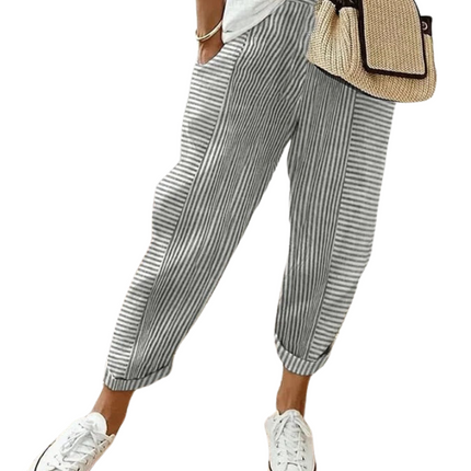 Striped Women's Trousers | High Waist Adjustable Drawstring | Contemporary Look | Functional Side Pockets | Classic Fit for Various Body Types | Size Chart Available