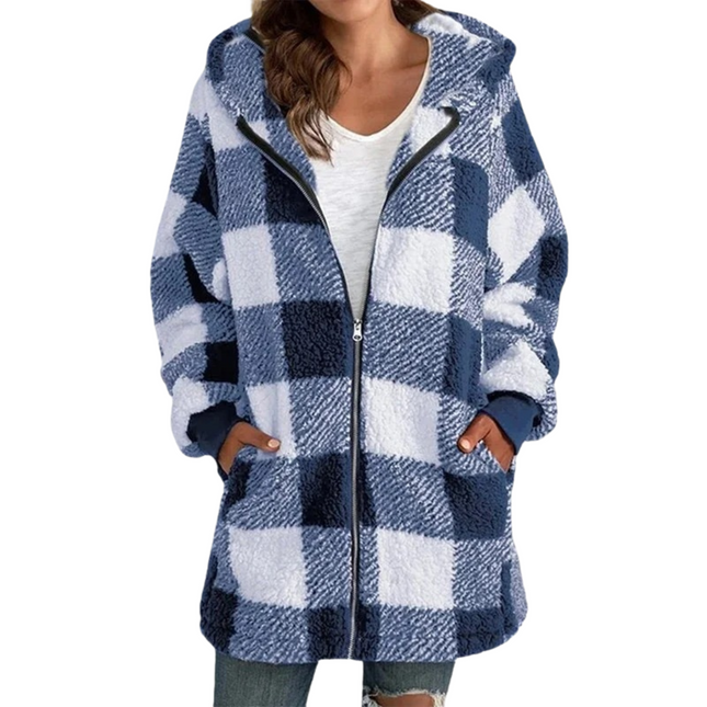 HAZEL | Women's Hooded Winter Jacket | Bold Patchwork Design | Zip-Up Front | Large Hood | Cozy Relaxed Fit | Plaid or Striped Pattern | Side Pockets | Warm Outerwear