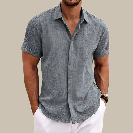 Men's Short-Sleeved Polyester Blend Shirt | Casual Button-Up | Classic Collar | Relaxed Fit | Available in Blue, White, Pink, Grey, Light Grey, Black | Sizes S-3XL | Perfect for Warm-Weather Events