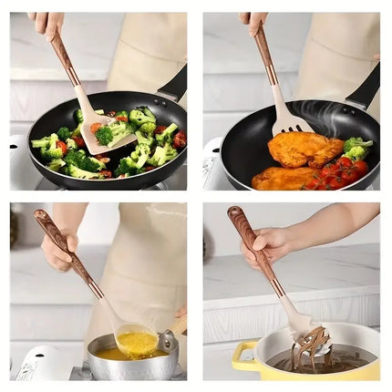 Vitrux Silicone Kitchen Tools | 10-Piece Set | Heat Resistant & Non-Slip | Wooden Handles | Food-Grade | Versatile Cooking | Elegant Design | High Temperature Tolerance