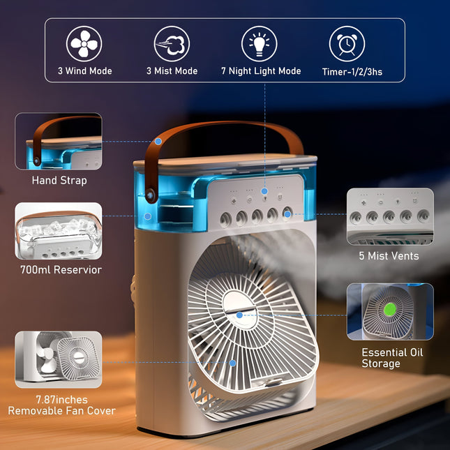 Portable 3-in-1 Air Cooler | Humidifier | Purifier | 10W | 700ml Tank | USB/AC Power | Ideal for Bedroom, Office | LED Night Light | Adjustable Fan Speeds | Evaporative Cooling | 720g | Compact & Sleek Design