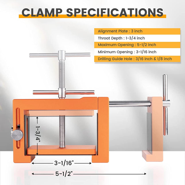 Professional Cabinetry Clamps | Aluminum Alloy Body | Stainless Steel Rods | Two Interchangeable Drill Guides | Quick Cabinet Face Frame Installation | Rubber Protection Pads | CNC Anodized Surface