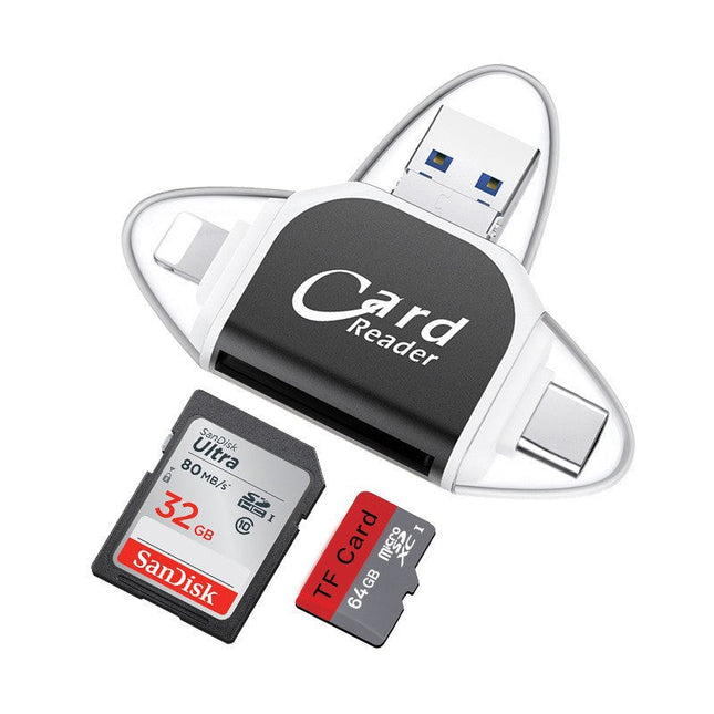 4-in-1 Universal Memory Card Reader | USB/USB C/Micro USB/Lightning Ports | SD TF Card Compatibility | Supports Up to 400GB | Compact Design with Keychain