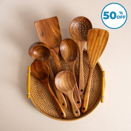 Teak Wooden Cooking Utensil Set | Scratch Resistant | Heat Resistant | Durable Wood | Non-Stick Friendly | Kitchen Declutter Solution | Healthier Kitchen Choice