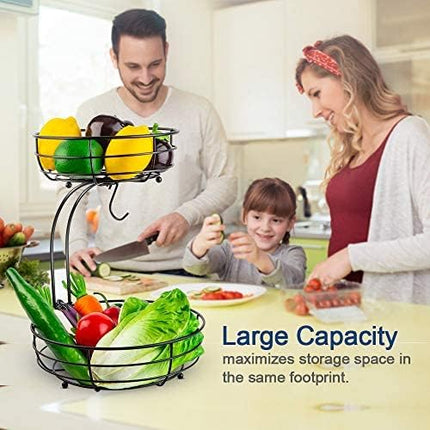 Iron 2-Tier Kitchen Fruit Vegetable Organizer with Banana Hanger | Raised Feet Stability | Easy Assembly | Classic Ferric Art Design