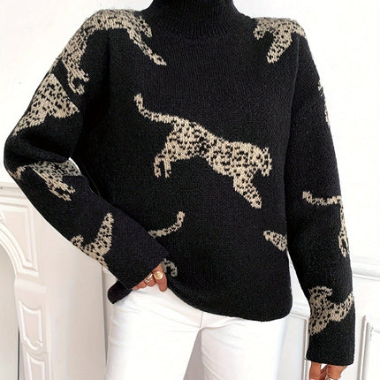 Women's Long Sleeve Turtleneck | Leopard Print | Snug Fit | Elegant Autumn Winter Sweater