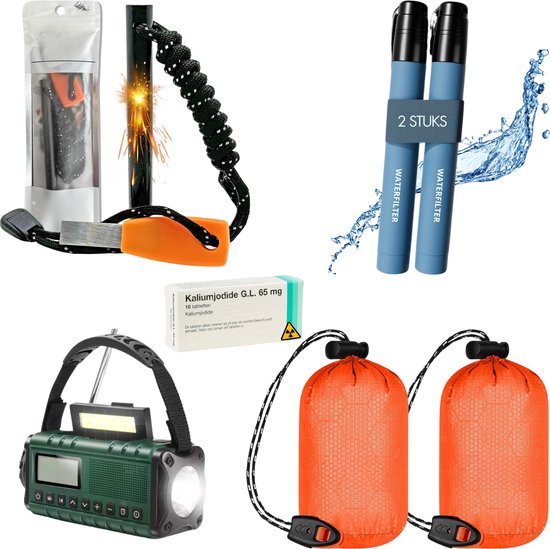Emergency Preparedness Kit | Two Thermal Sleeping Bags | Iodine Tablets | Multiband Radio with Light | Dual 1000L Water Filters | Weatherproof Fire Starter