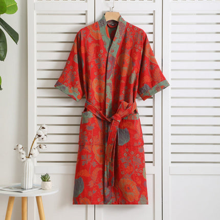 Pure Cotton Retro Print Bathrobe | Double Gauze Layer | Breathable & Stylish | Soft Lightweight Summer Wear