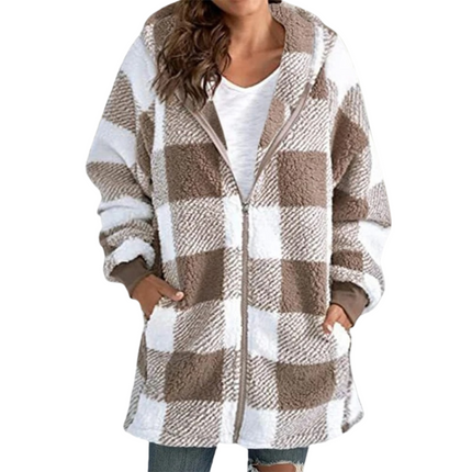 HAZEL | Women's Hooded Winter Jacket | Bold Patchwork Design | Zip-Up Front | Large Hood | Cozy Relaxed Fit | Plaid or Striped Pattern | Side Pockets | Warm Outerwear