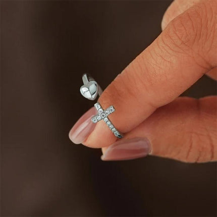 Unique Design S925 Sterling Silver Cross Heart Ring | Adjustable | Nickel and Lead-Free | White Gold Plated | Versatile Jewelry Gift for Loved Ones