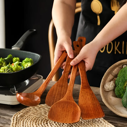 Premium 4-Piece Wooden Kitchen Utensil Set | Durable Hardwood Tools | Scratch-Free for Non-Stick Cookware | Includes Ladle, Spatulas & Spoon | Easy to Clean | Space-Saving Storage with Hanging Holes
