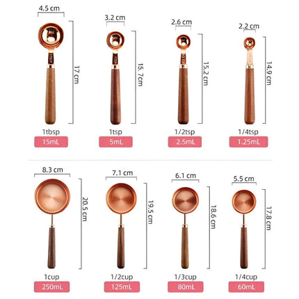 Copper-Plated Stainless Steel Measuring Cups and Spoons Set | Walnut Handle | Engraved Markings | Non-Slip Grip | Perfect for Baking and Cooking | Set of 8 | Ideal as Gift for Kitchen Enthusiasts