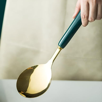 Golden Stainless Steel Cooking Utensil Set | Ergonomic Rust-Resistant Kitchen Tools | Includes Spatula, Frying Spatula, Cooking Spoon, Colander, Noodle Server, Scraping Spoon, Storage Rack | Dishwasher Safe