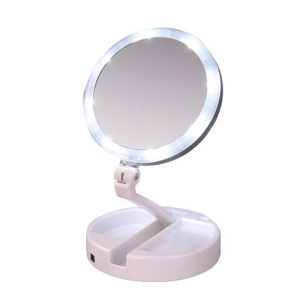 LED Folding Travel Vanity Mirror | 10X Magnification with 1X Full-Face Reflection | Portable Makeup Mirror with Corded/Cordless Operation | Adjustable Tilt and Height | Double-Sided LED Light | White