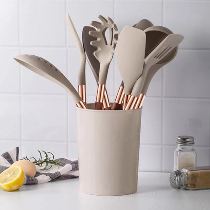 Vitrux Silicone Kitchen Tools | 10-Piece Set | Heat Resistant & Non-Slip | Wooden Handles | Food-Grade | Versatile Cooking | Elegant Design | High Temperature Tolerance