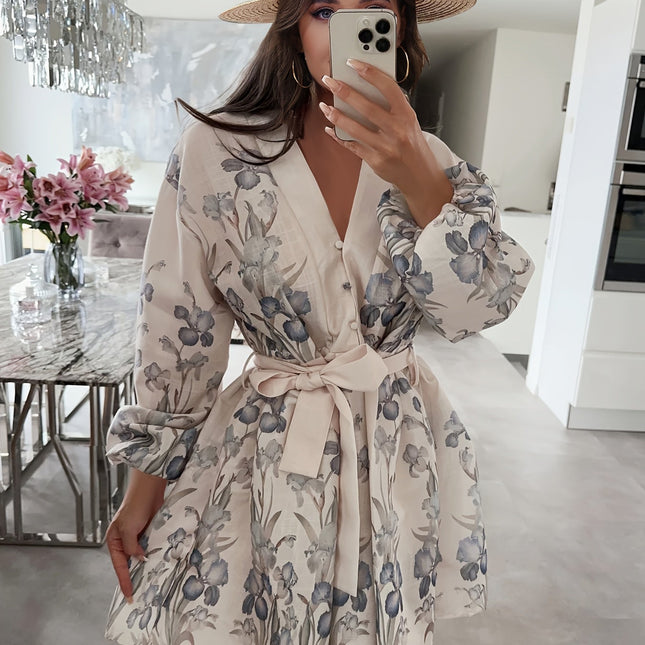 Floral V-Neck Split Sleeve Blouse Dress | Feminine Details | Breathable & Versatile | Light Fabric | Perfect for Work or Casual Outfits