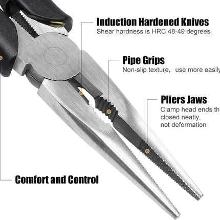 Long Needle Nose Pliers | 8” & 6” Precision Tools | Carbon Steel | TPR Handle | Force-Saving Spring | Sharp Blade | Non-Slip Grip | Strong Cutting Force | Easy Use in Tight Spaces | Heavy-Duty Pliers