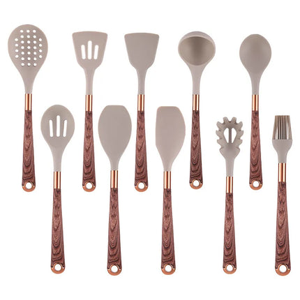 Vitrux Silicone Kitchen Tools | 10-Piece Set | Heat Resistant & Non-Slip | Wooden Handles | Food-Grade | Versatile Cooking | Elegant Design | High Temperature Tolerance
