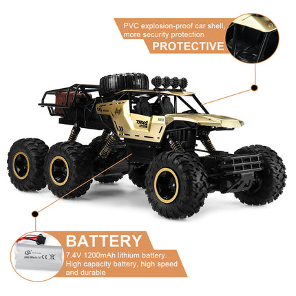 1:12 Scale 6-Wheel RC Monster Truck | Off-Road Capability | Advanced 2.4GHz Technology | Shock Absorbers | Non-Slip Tires | High Speed 52 km/h | USB Rechargeable Battery | Black & Gold Options