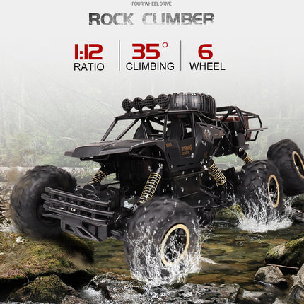 1:12 Scale 6-Wheel RC Monster Truck | Off-Road Capability | Advanced 2.4GHz Technology | Shock Absorbers | Non-Slip Tires | High Speed 52 km/h | USB Rechargeable Battery | Black & Gold Options