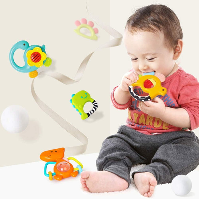 Dinosaur-Themed Infant Rattles | 5 Pc Set with Sensory Teethers | Baby Development Toy | Brightly Colored Shakers | Age-Specific Design | Silicone Teething Relief | Unisex Gift Option